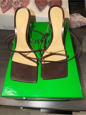 Bottega Veneta Brown Square-Toe Strappy Heels with Gold Chain
